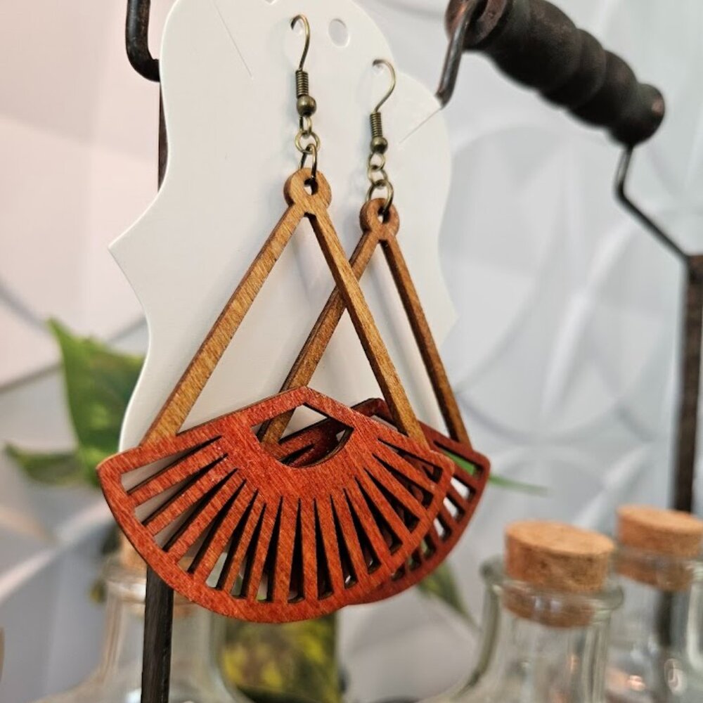 Red and Natural Wood, Lightweight, Oversized Dangle Earrings Fan Shaped